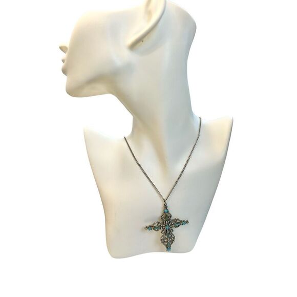 Signed Roma Cross Pendant Necklace Petit Point Faux Turquoise Christian Vintage - Picture 7 of 10